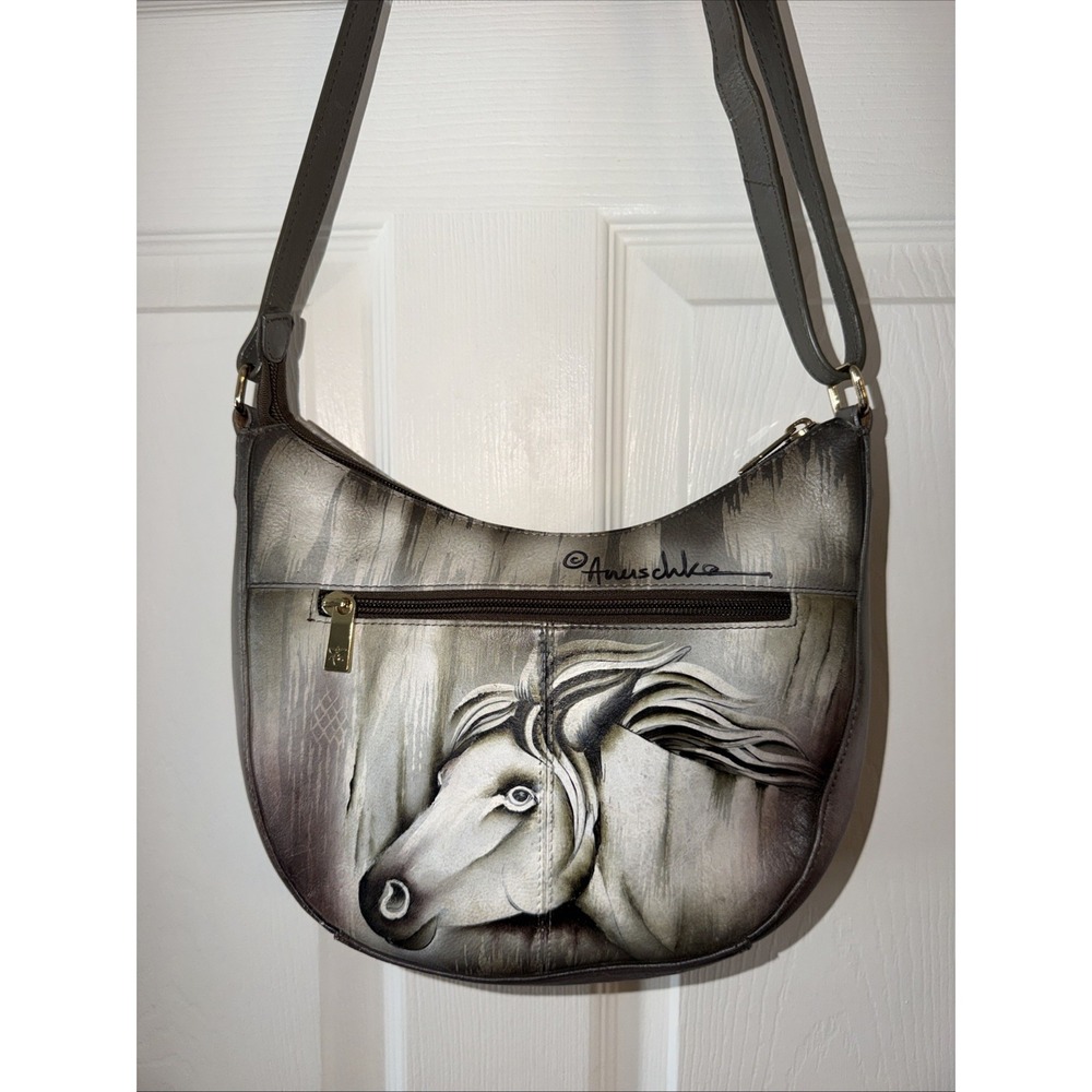 Anuschka Hand Painted Zip Hobo Grey Horse Equestrian Western Leather Handbag